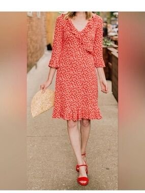 Boden Red Floral Ruffle-Trim Midi Dress
